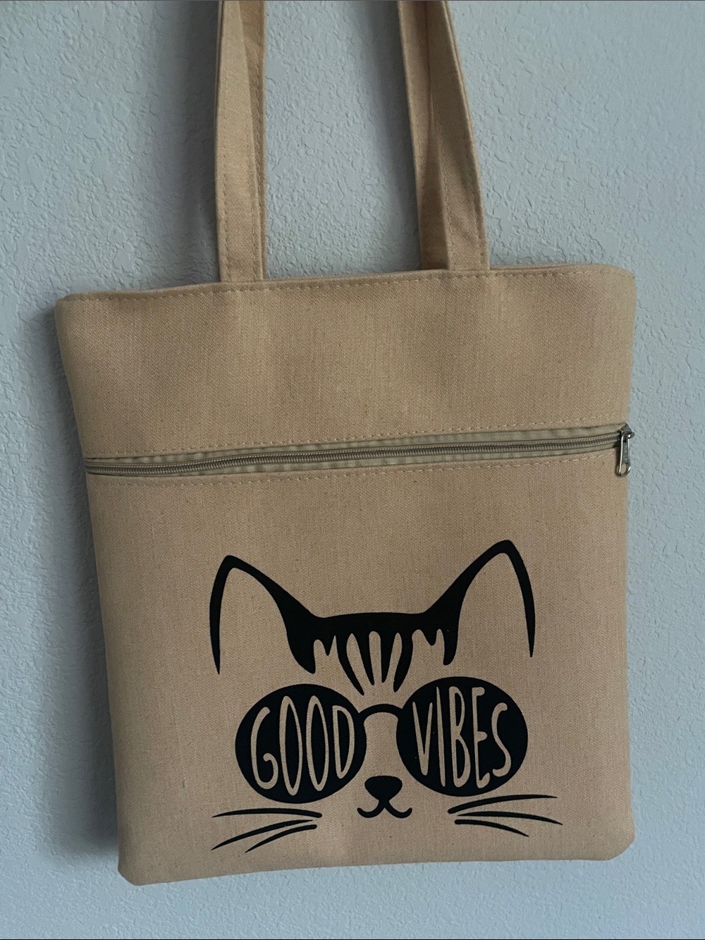Beige tan Good Vibes Cat Canvas Tote in Beige with zipper NEW